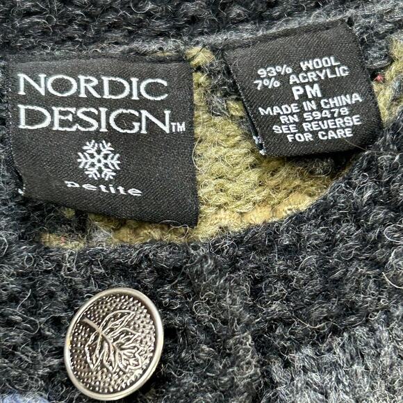 Nordic Design Wool Blend Cardigan Sweater Forest Patchwork Folkcore PM Petite - Picture 7 of 7